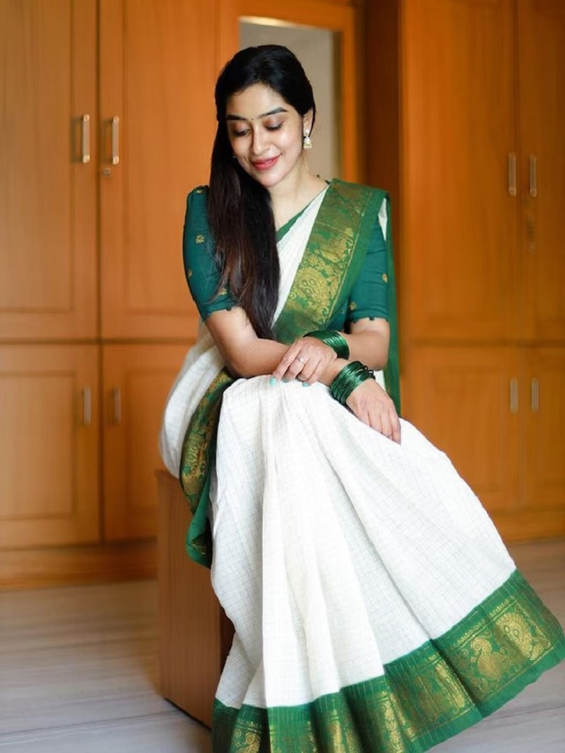 Green & White Ethnic Chexs Lichi Silk Blend Banarasi Saree image 1