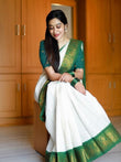 Green & White Ethnic Chexs Lichi Silk Blend Banarasi Saree image 1