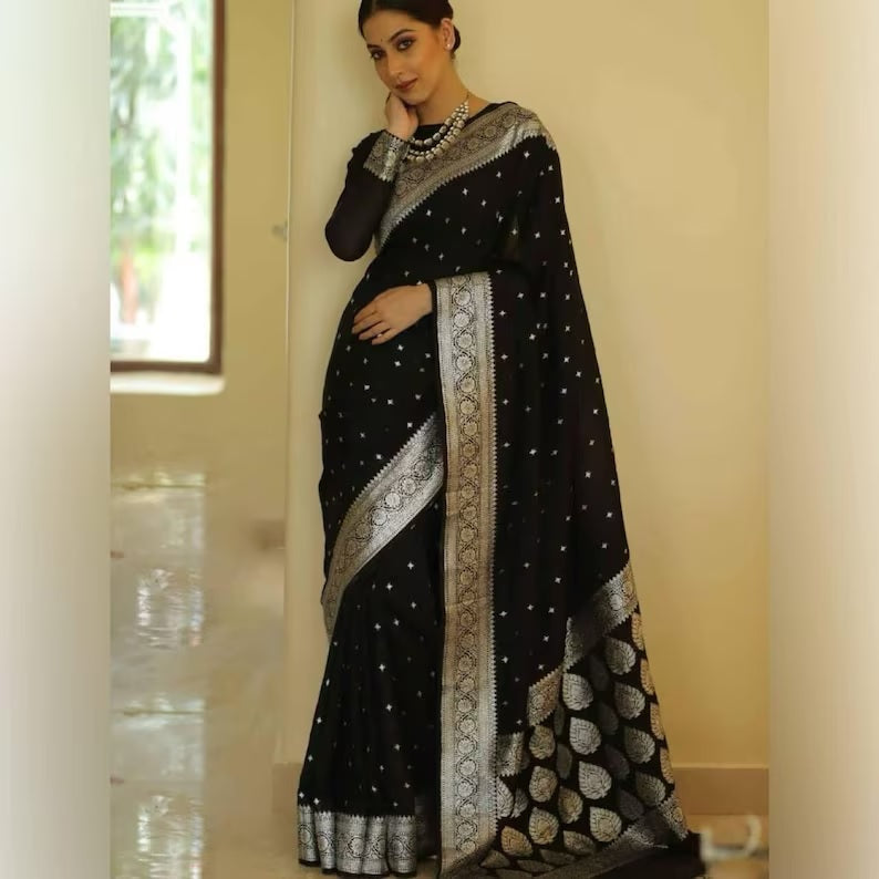 Black Colour Soft Lichi Silk Saree image 1
