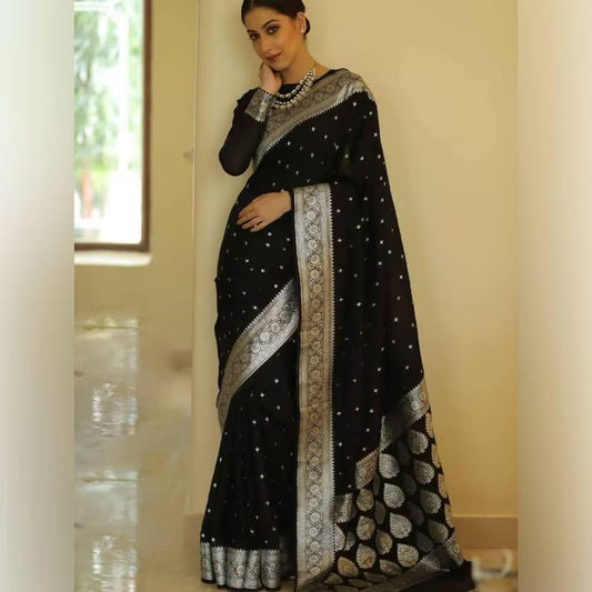 Black Colour Soft Lichi Silk Saree image 1