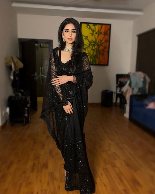 Black Georgette Embroidery Sequence Work Saree image 1