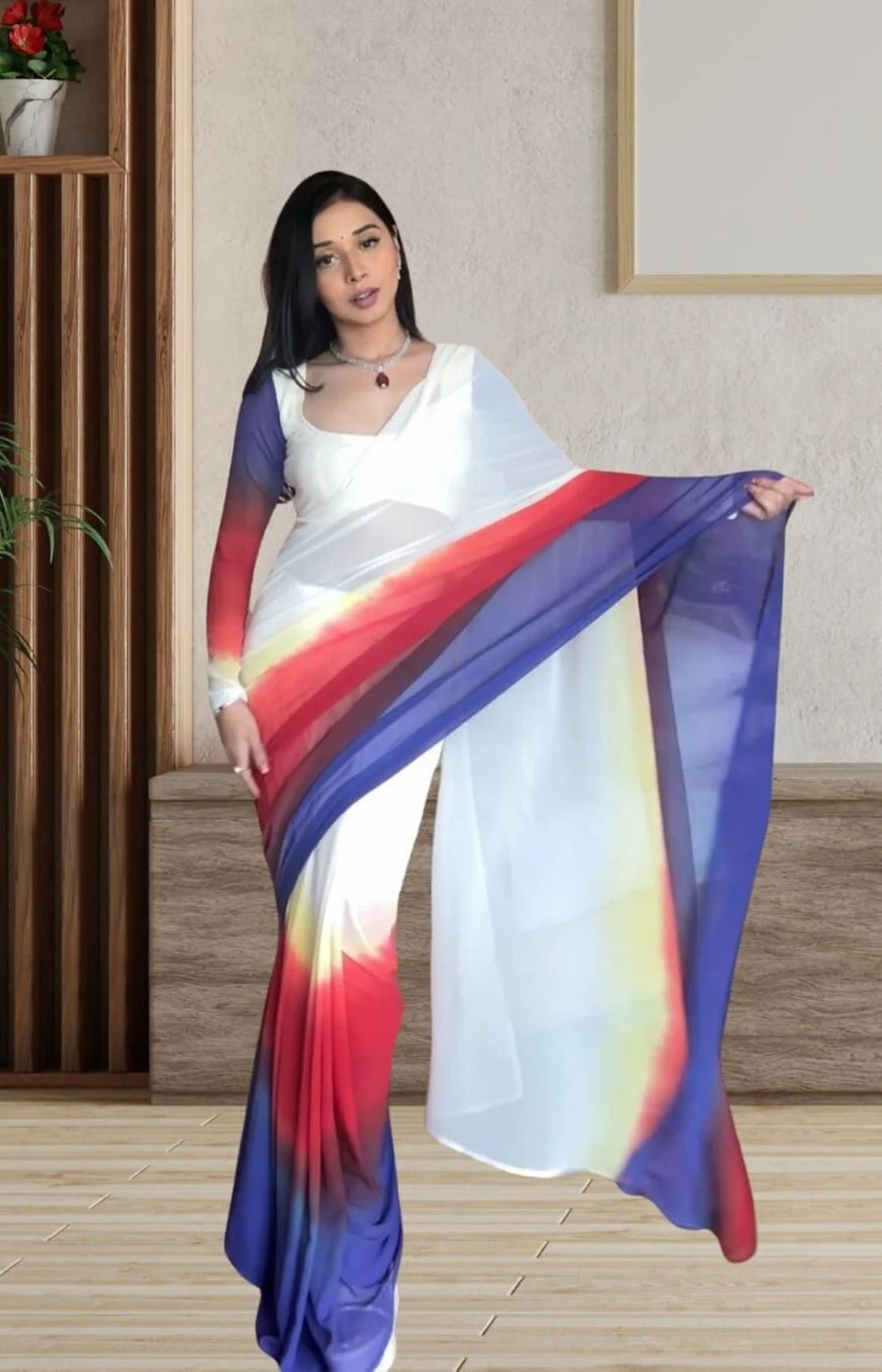 Pure Soft Georgette Ready To Wear Multi Color Saree With Blouse image 1