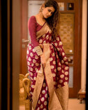 Maroon Soft Lichi Silk Saree With Unstitched Blouse image 1