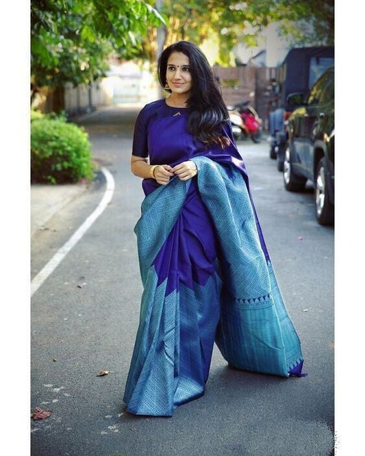 Blue Soft Lichi Silk Saree Heavy Sari image 1