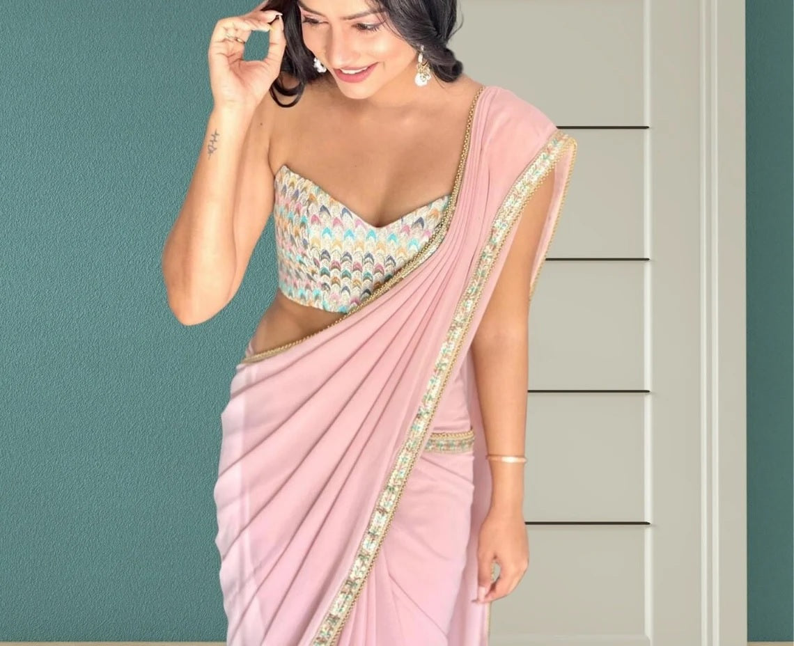 Plain Smooth Georgette Saree With Embroidery Work Blouse image 2