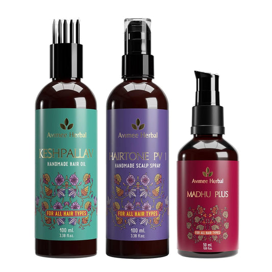 Avimee Herbal Keshpallav Hair Oil (100 ml) & Hairtone PV 1 Scalp Spray (100 ml) & Madhu Plus Hair Serum (50 ml) Combo Pack Golden Brown image 1