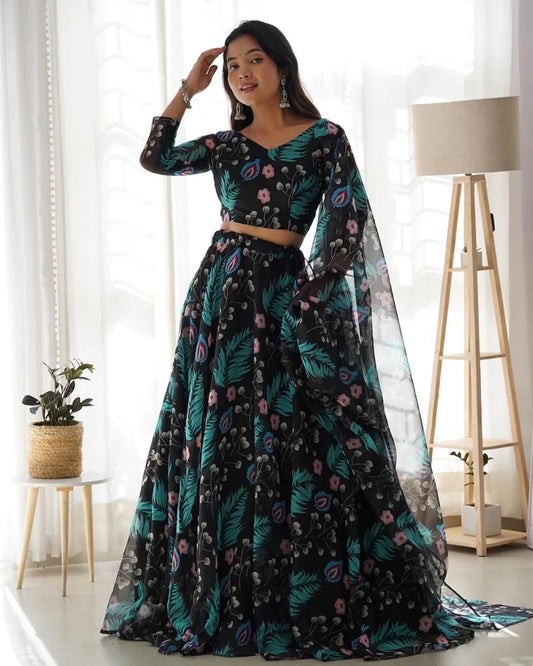 Women's Net Digital Print Lehenga Choli Indian Semi Stitched Lengha Choli 15-QRC13 image 1