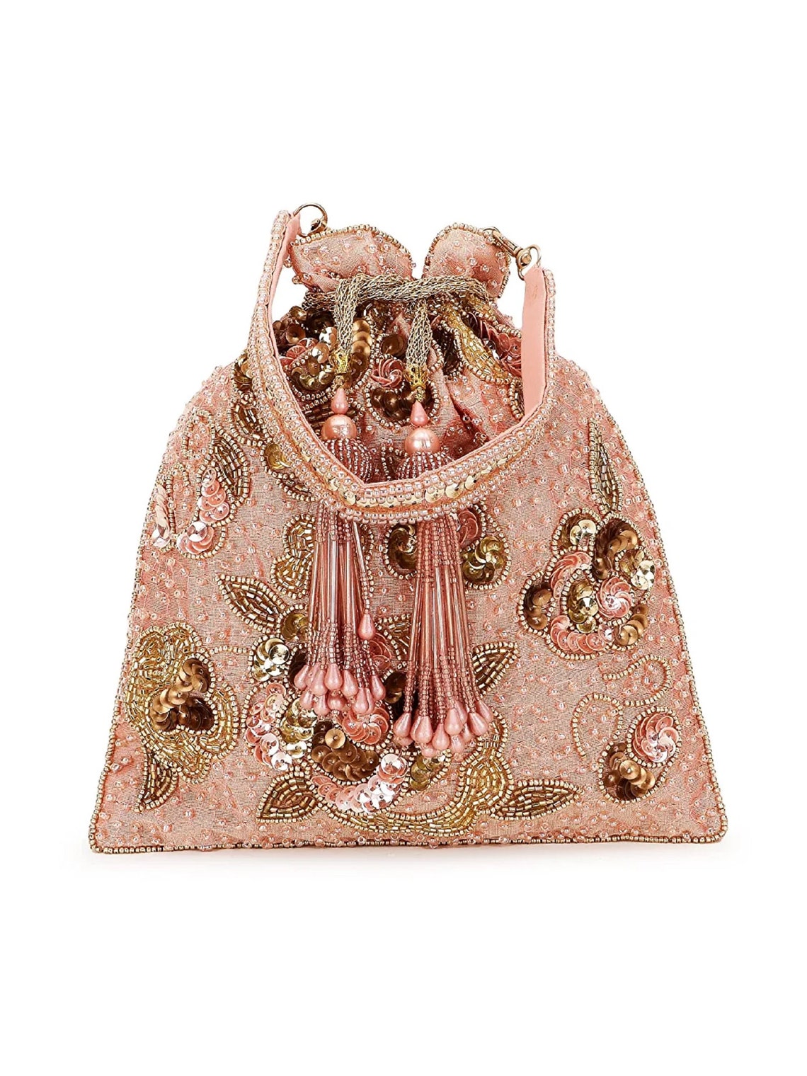 Dusky Pink & Gold Floral Embellished Faux Silk Potli Bag image 1