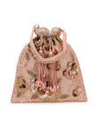 Dusky Pink & Gold Floral Embellished Faux Silk Potli Bag image 1