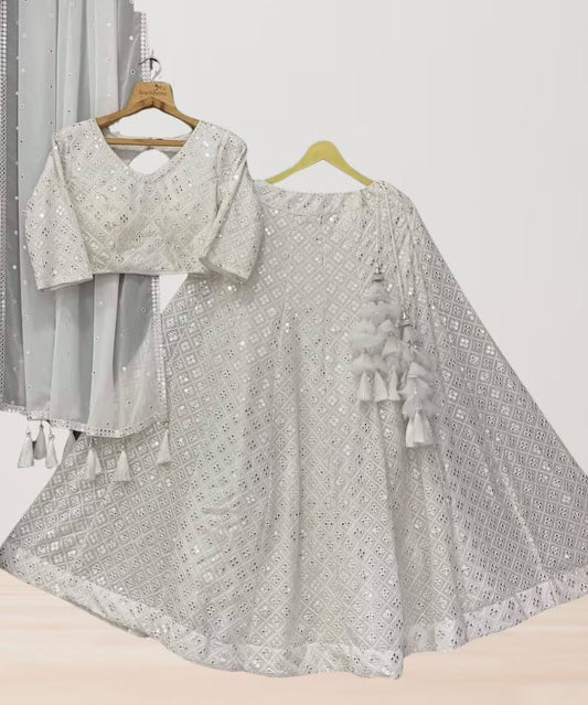 White Color Fox Georgette & Embroidery Work Lehenga Blouse With Dupatta image 1