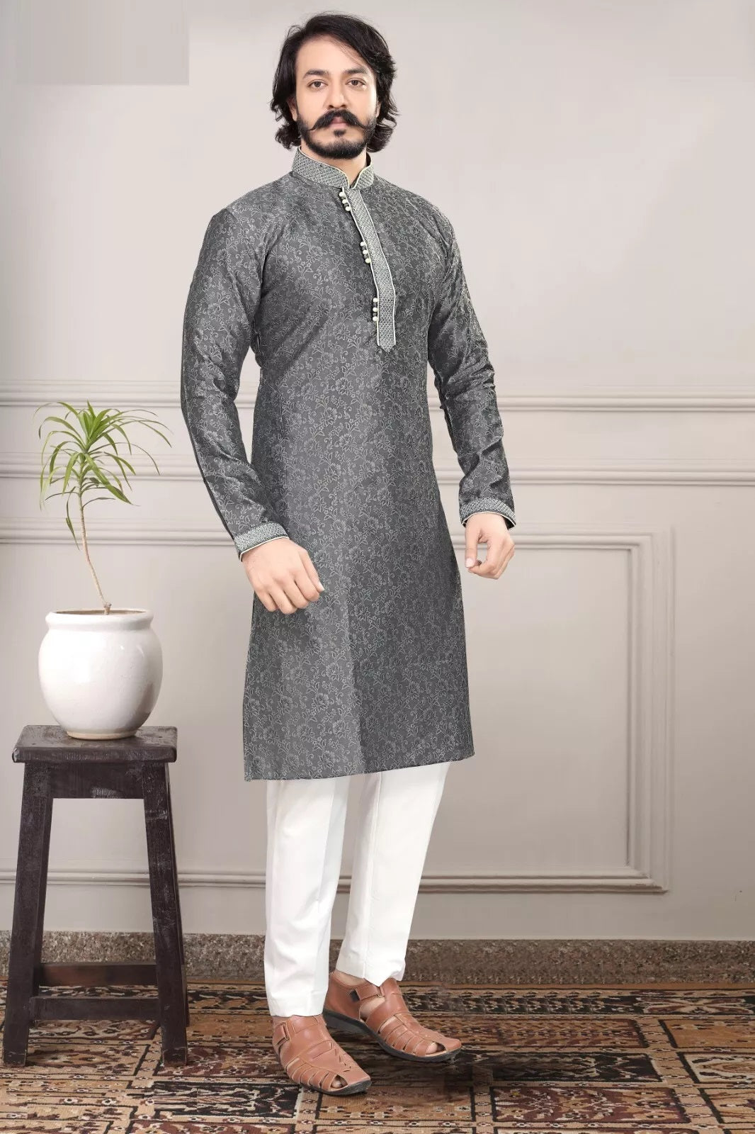 Grey Pure Silk Jequard Kurta For Men's image 1