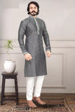 Grey Pure Silk Jequard Kurta For Men's image 1