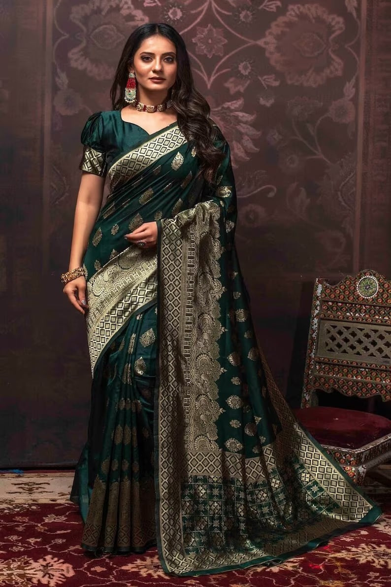 Green Banarsi Soft Silk & Jacquard Border Saree With Blouse image 1