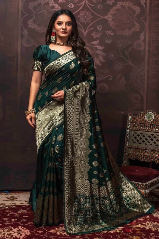 Green Banarsi Soft Silk & Jacquard Border Saree With Blouse image 1