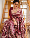 Maroon Soft Lichi Silk & Jacquard Work Saree With Blouse image 1