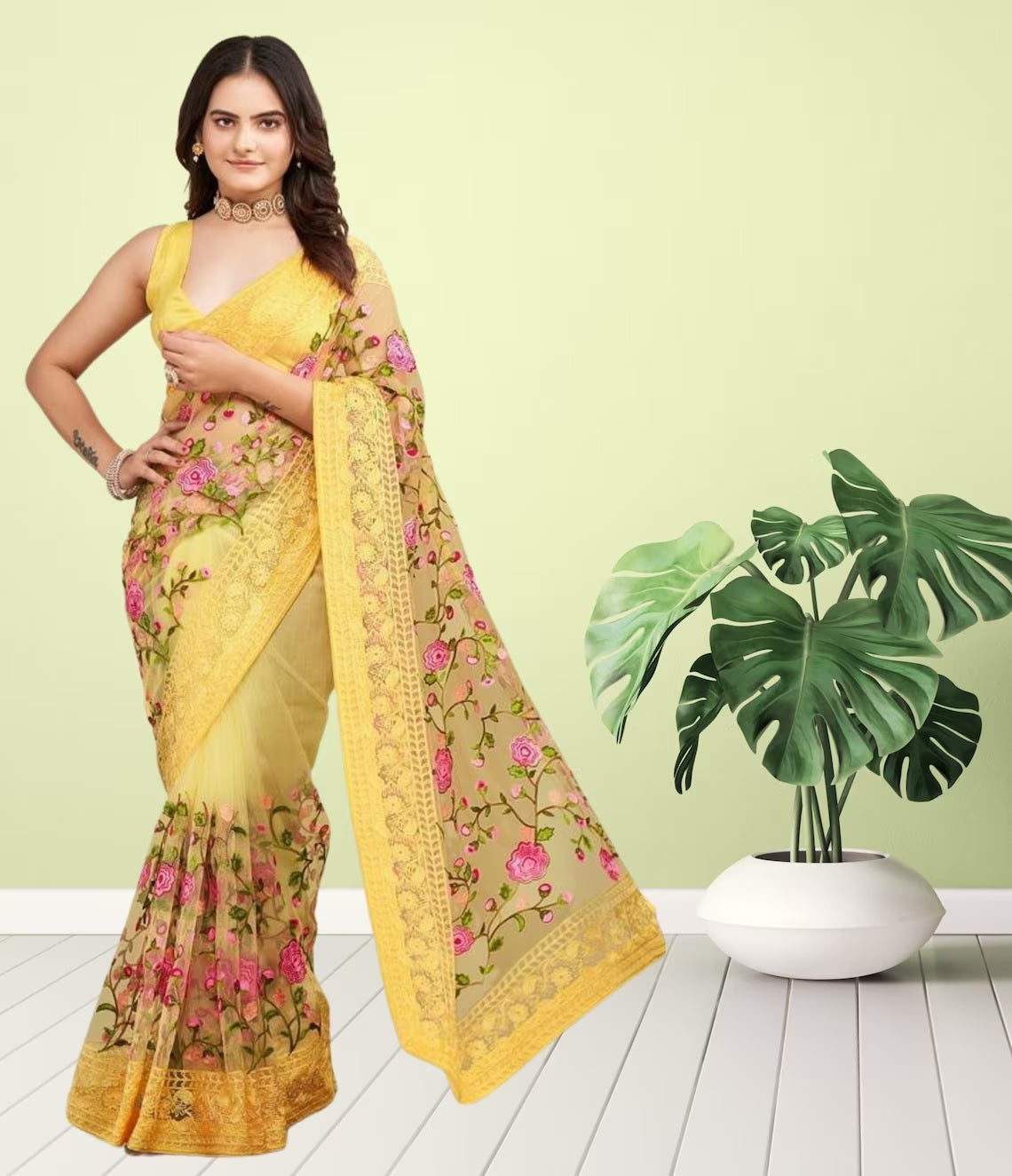 Soft Net Chikankari Embroidery Design Saree With Blouse image 1