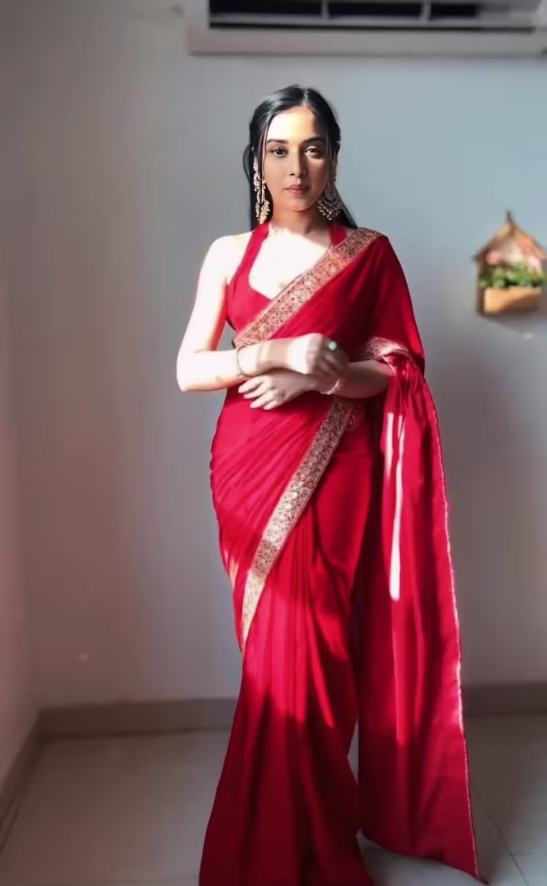 Pure Velvet With Embroidery Border Ready To Wear Saree image 1