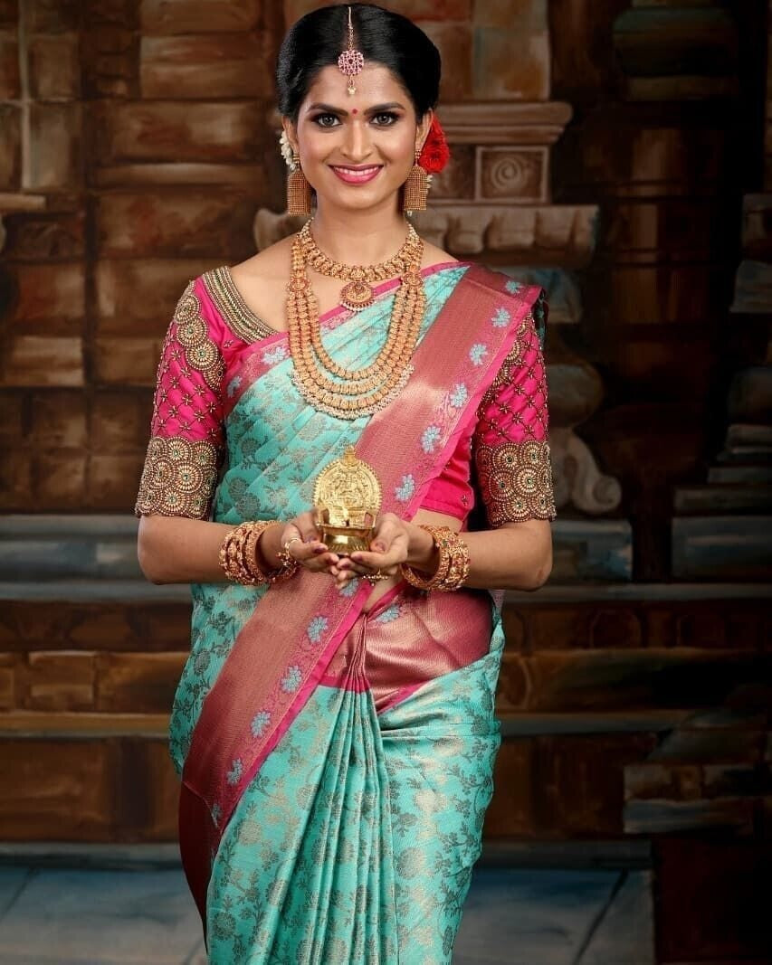 Soft Lichi Silk Beautiful Wedding Saree, Indian Party Wear Ethnic Sari For Women image 1
