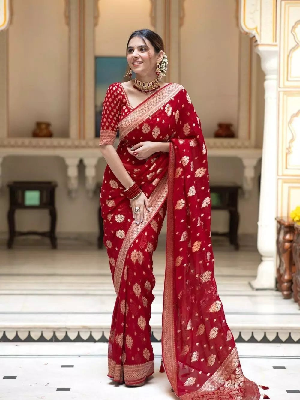 Red  Banarasi Soft Silk Saree With  Unstitched Blouse image 1