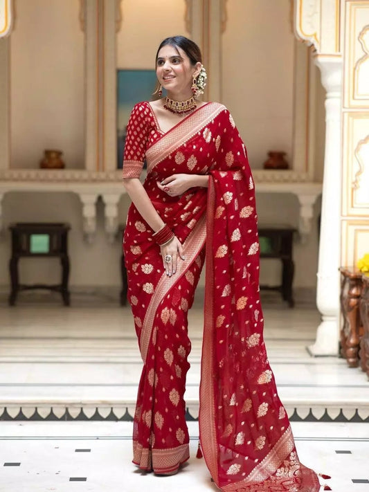 Red  Banarasi Soft Silk Saree With  Unstitched Blouse image 1