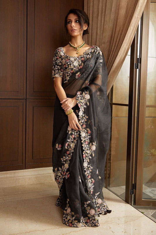 Black Georgette Embroidery Work Saree image 1