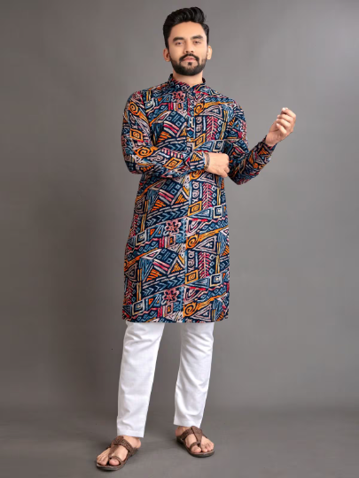 Navy Blue Men's Premium Soft Cotton Foil Print Kurta image 1