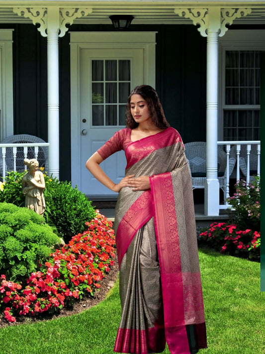 Soft Lichi Silk & Jacquard Waving Work Sarees With Blouse image 1