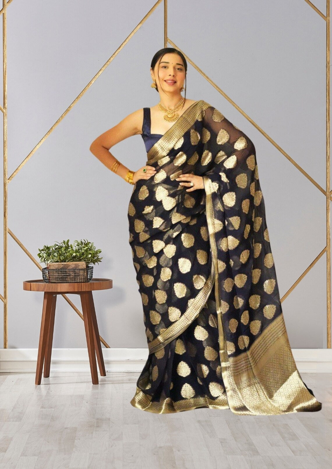 Black Soft Linen Slub One Minute Saree With Blouse image 1