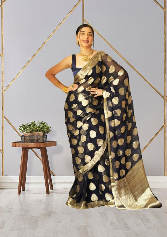 Black Soft Linen Slub One Minute Saree With Blouse image 1