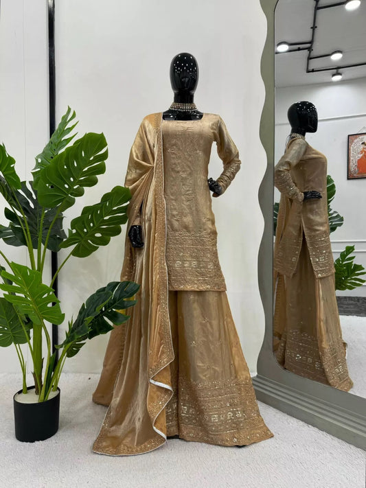 Fancy Satin With Sequence Work Top Palazzo & Dupatta image 1