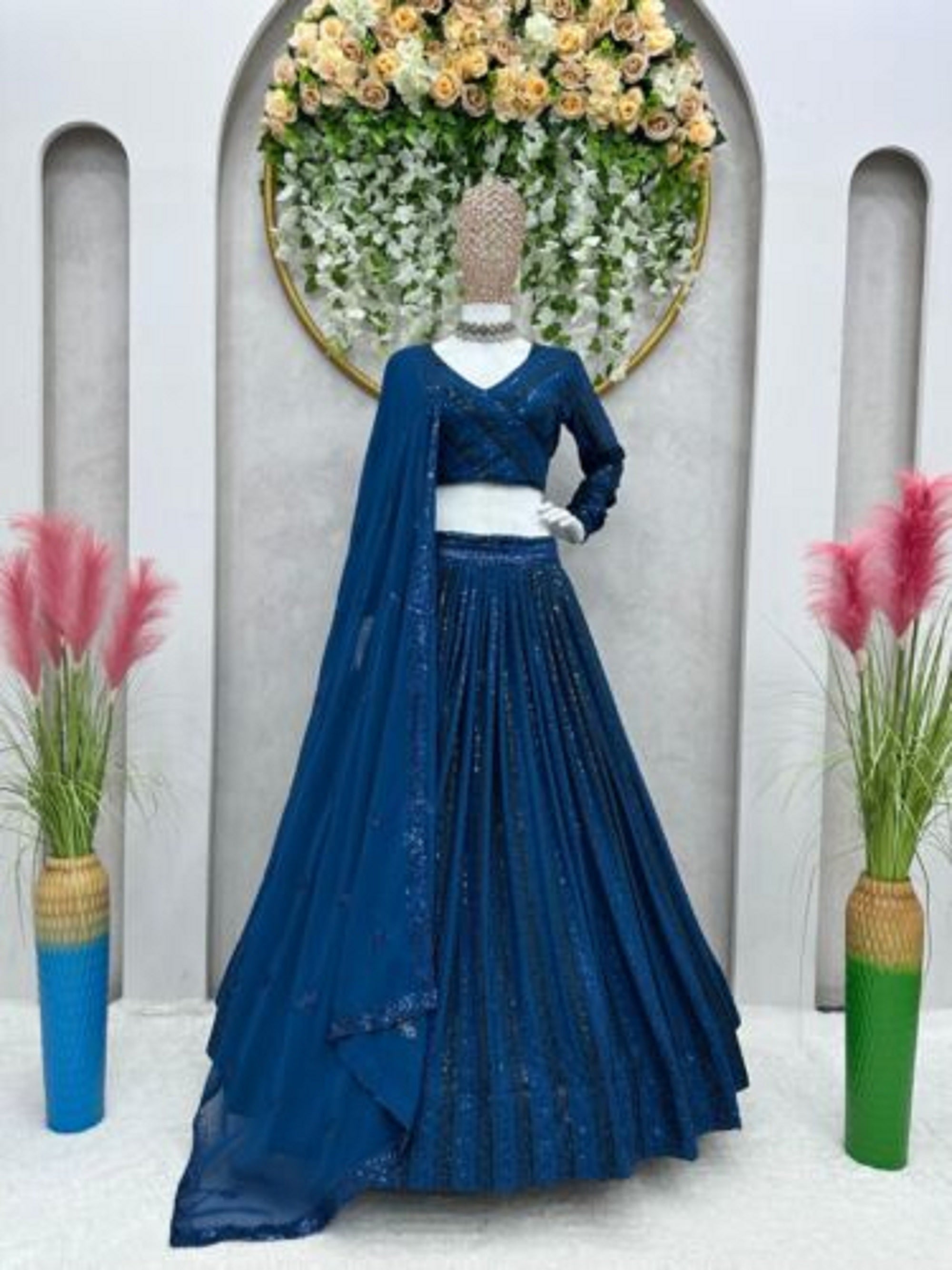 Ethnic Wedding Faux Georgette Embroidery Work Lehenga Blouse Dupatta image 1