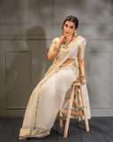 Off White Soft Banarasi Silk Saree With Unstitched Blouse image 1