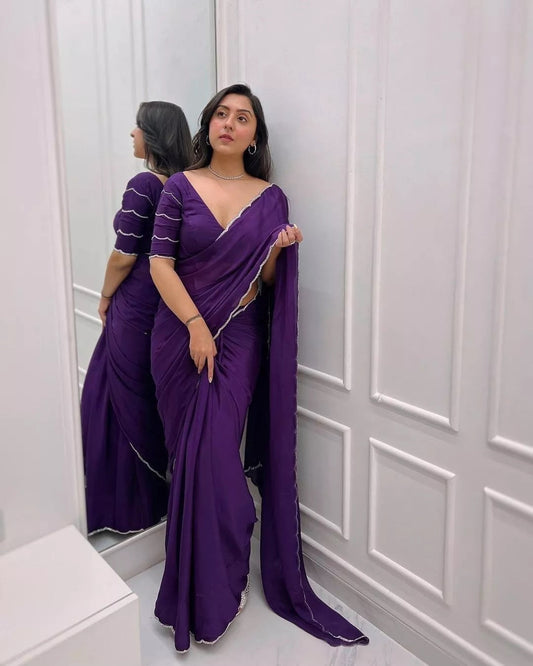 Classic Soft Rich Elegant Chinon Fabric Saree & Blouse image 1