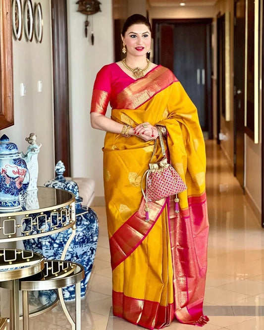 Yellow Soft Lichi Silk Jacquard Work  Saree image 1