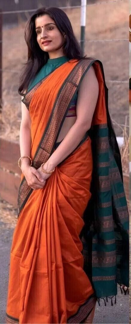 Orange color Soft Lichi Silk Jacquard Weaving Work Saree With Blouse image 1