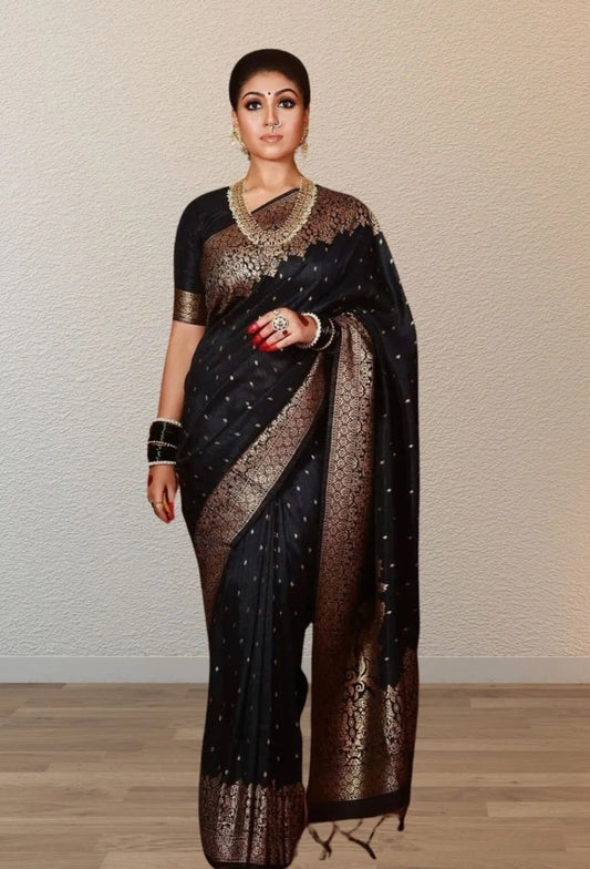 Black Soft Lichi Silk Saree image 1