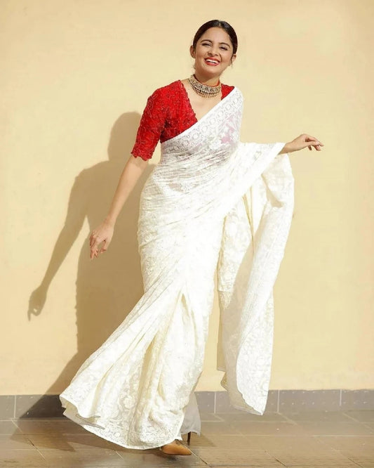Georgette Sequence Cotton Thread Work Saree image 1