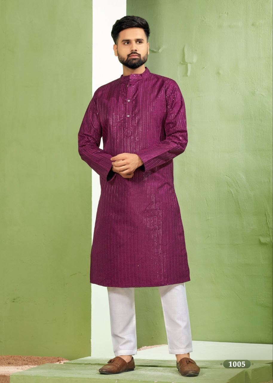 Wine Banglori Silk Embroidery sequence work Men's Kurta image 1