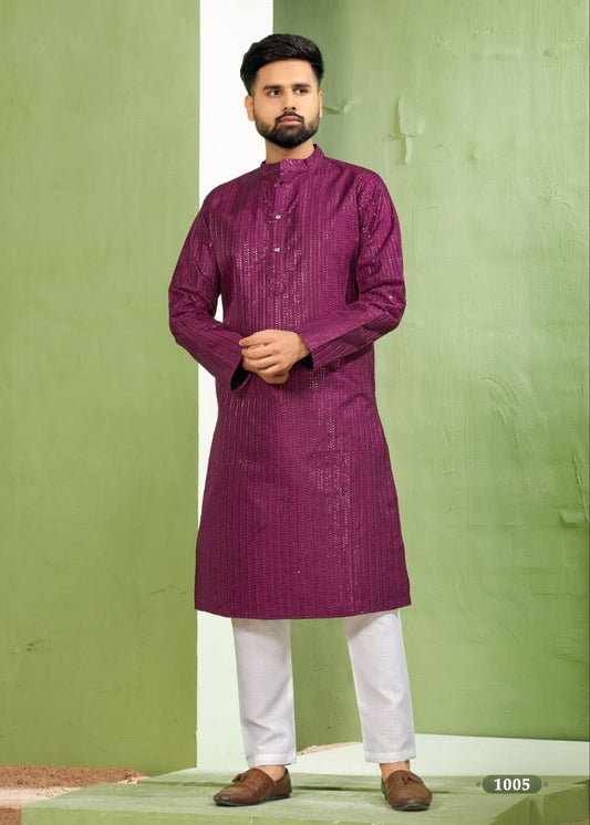 Wine Banglori Silk Embroidery sequence work Men's Kurta image 1