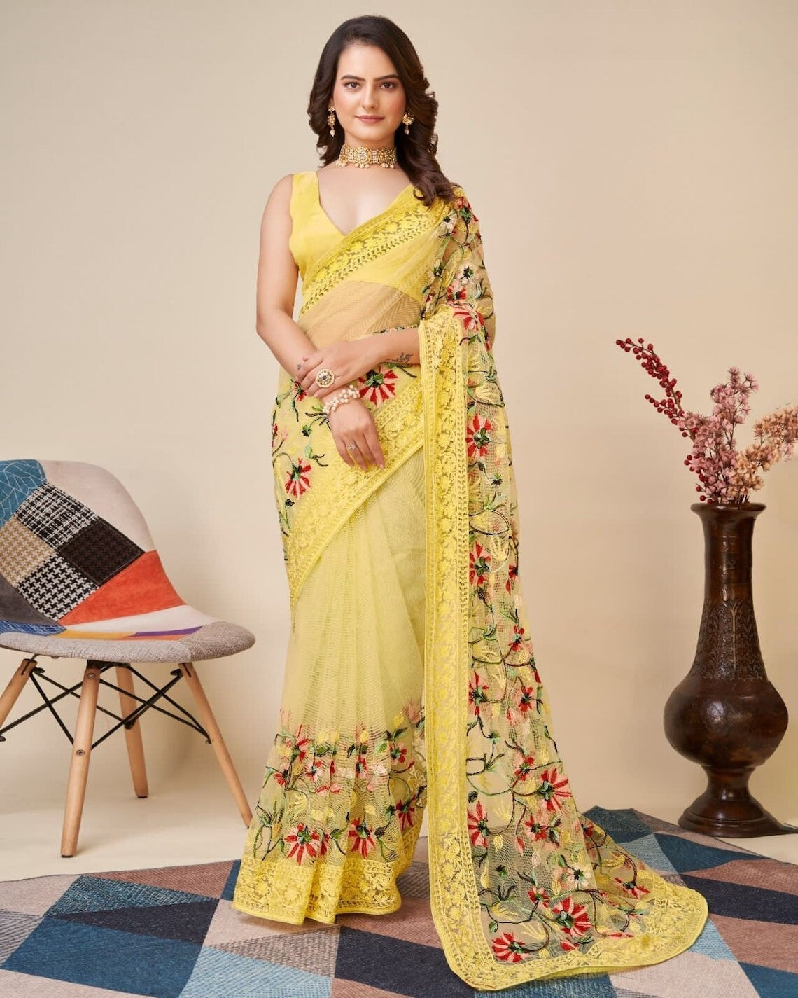 Soft Net With Embroidery Design Work Saree With Blouse image 1