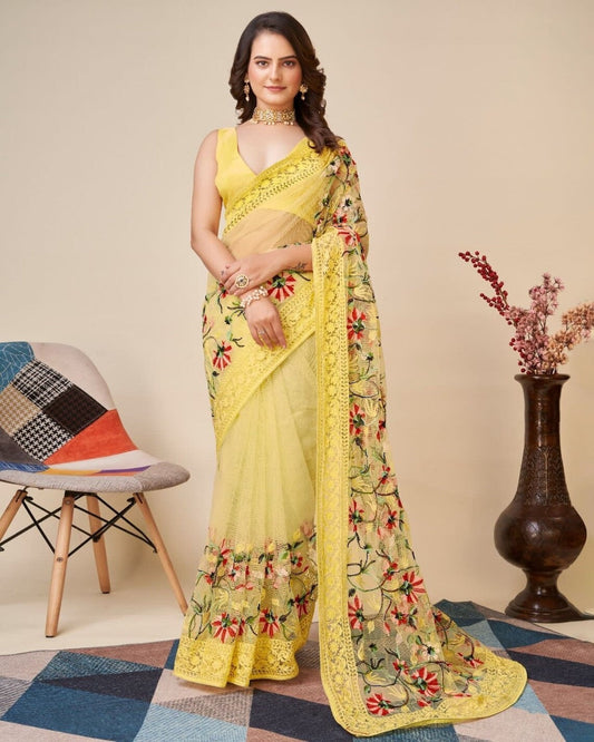 Soft Net With Embroidery Design Work Saree With Blouse image 1