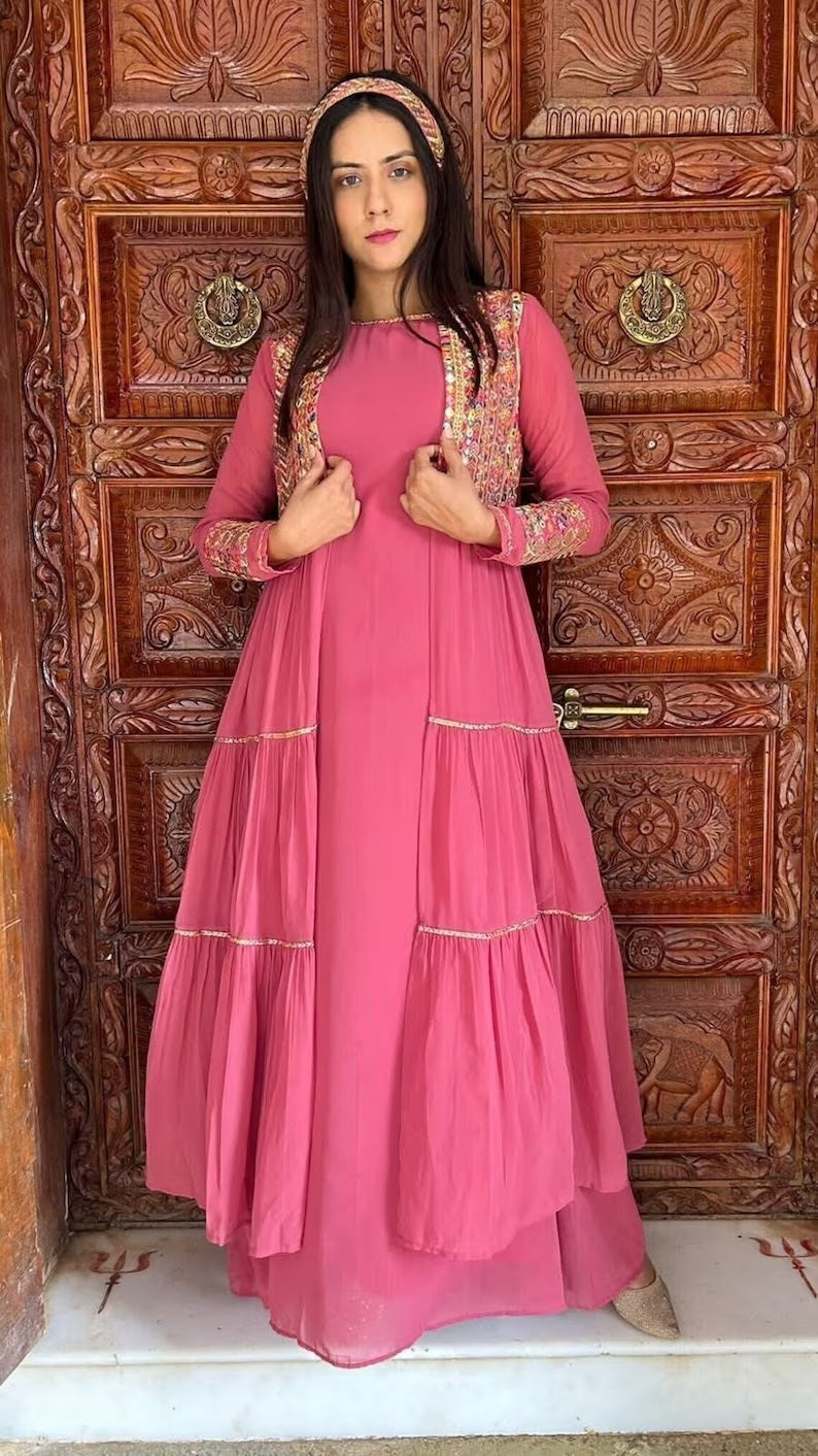 Georgette Heavy Embroidery Work Long Gown Jacket & Dress image 1