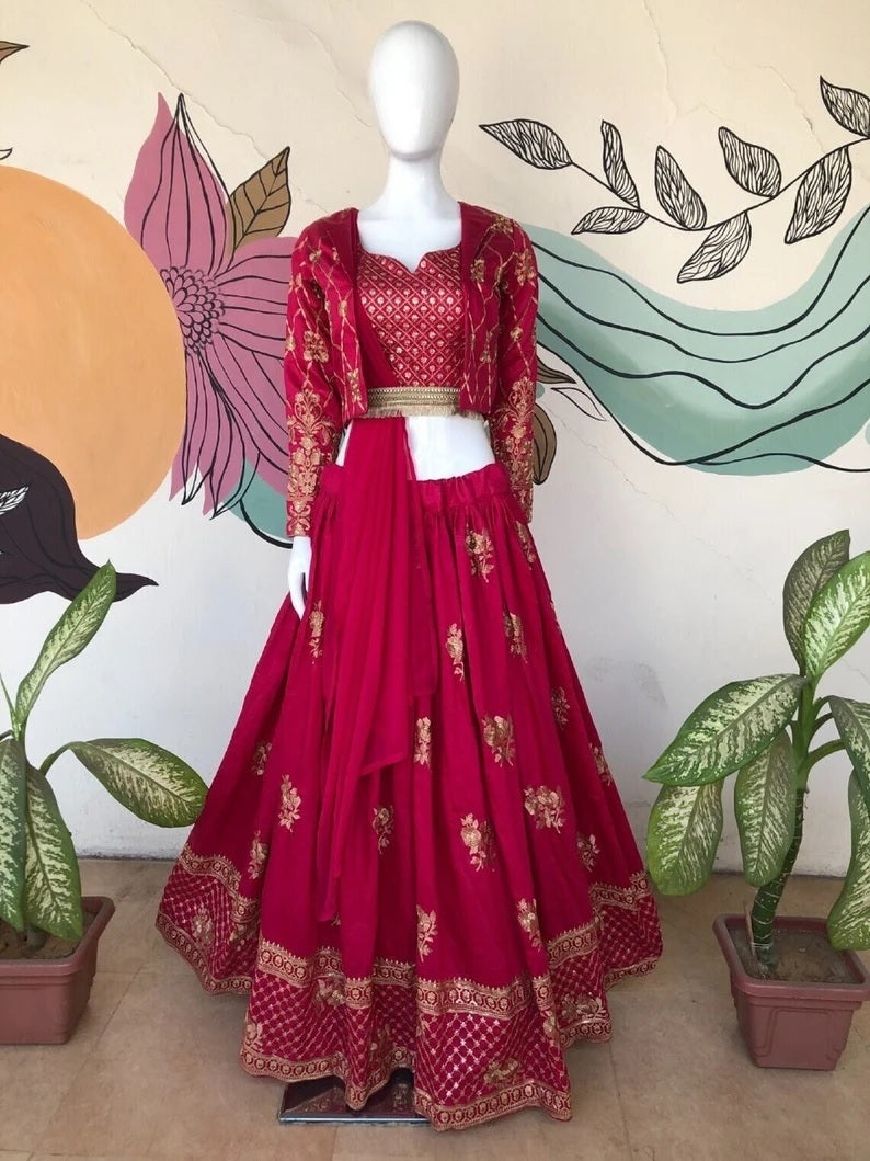Heavy Chanderi Cotton Embroidery Sequence Work Lehenga Blouse & Dupatta image 1