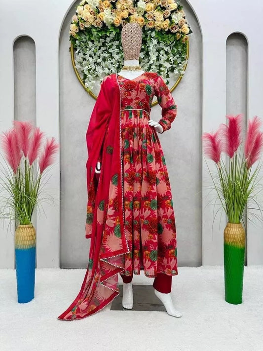 Faux Georgette Long Anarkali Top Pant Dupatta image 1