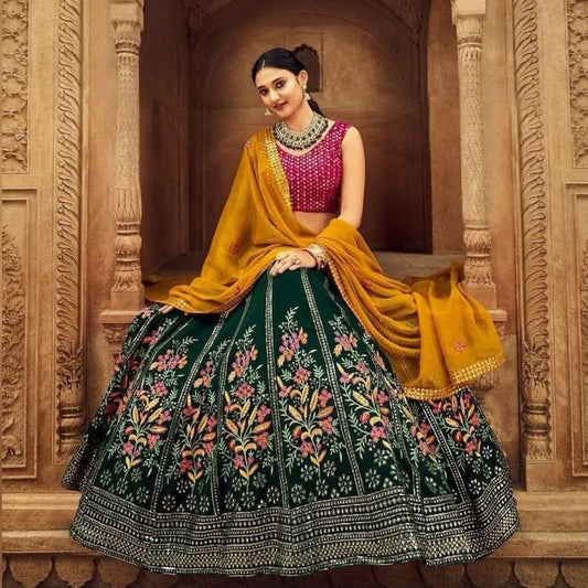 Malay Satin Silk & 9mm Sequence Embroidery Work Lehenga Blouse With Dupatta image 1