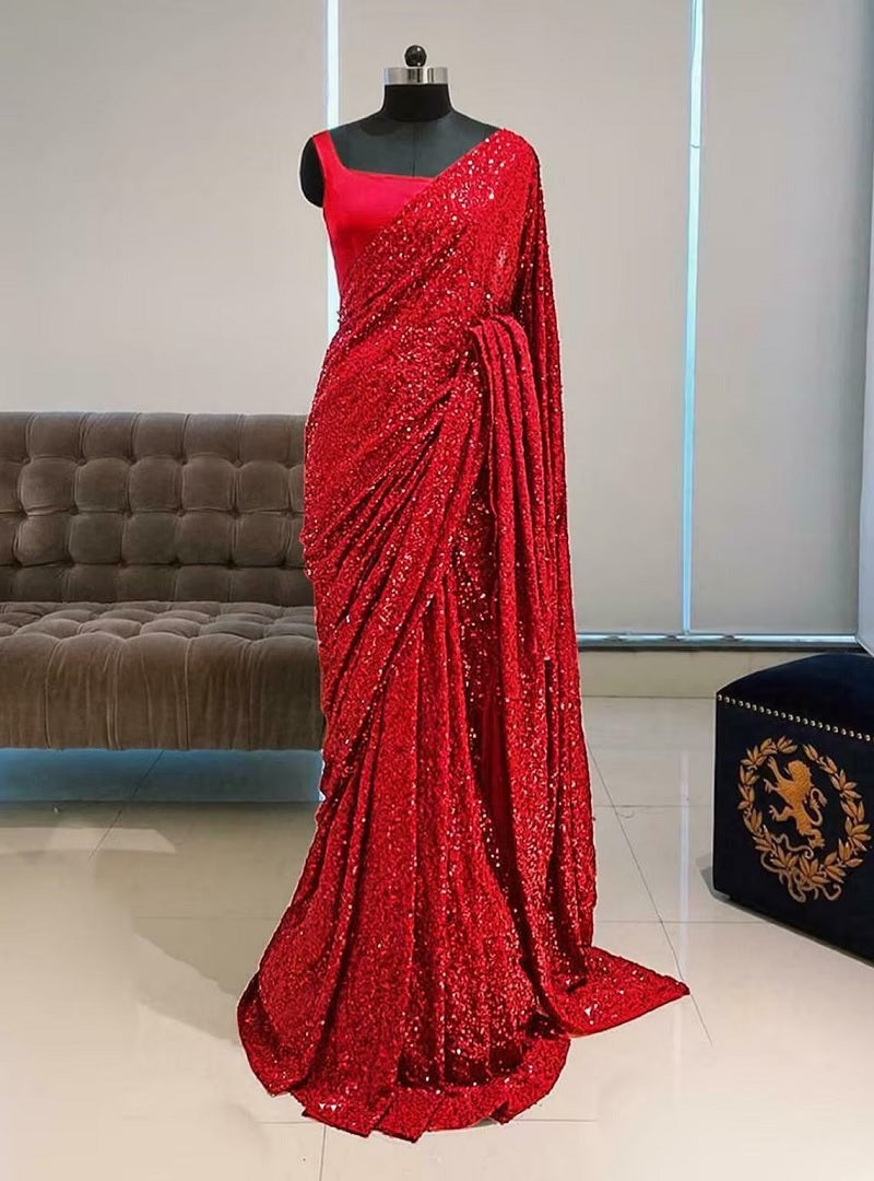 Red Georgette with Embroidery Sequence Design Work Saree image 1