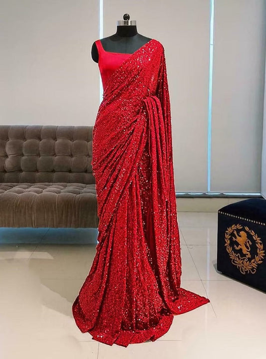 Red Georgette with Embroidery Sequence Design Work Saree image 1