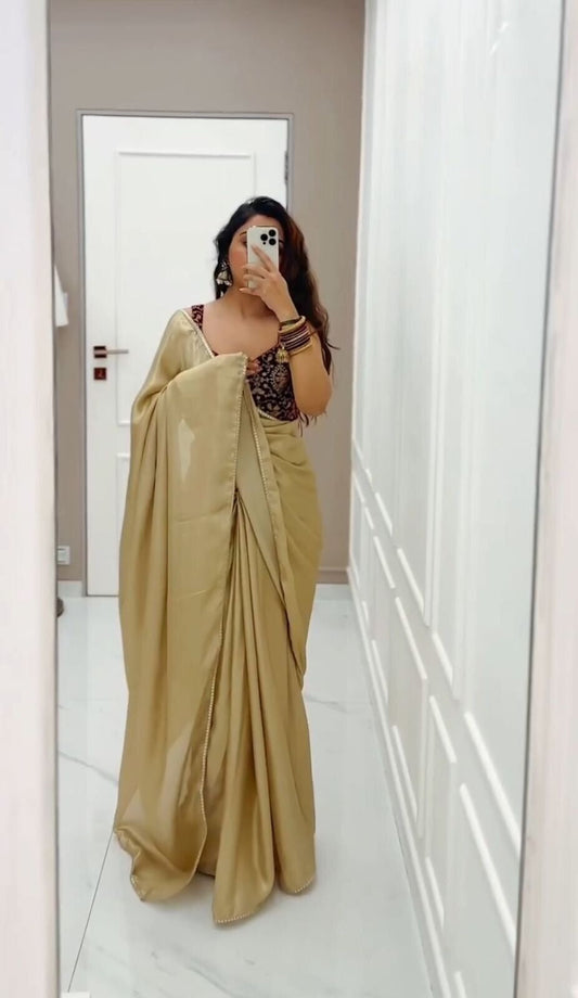 Japan Satin With Beautiful Mirror Lace Border Saree With Blouse image 1