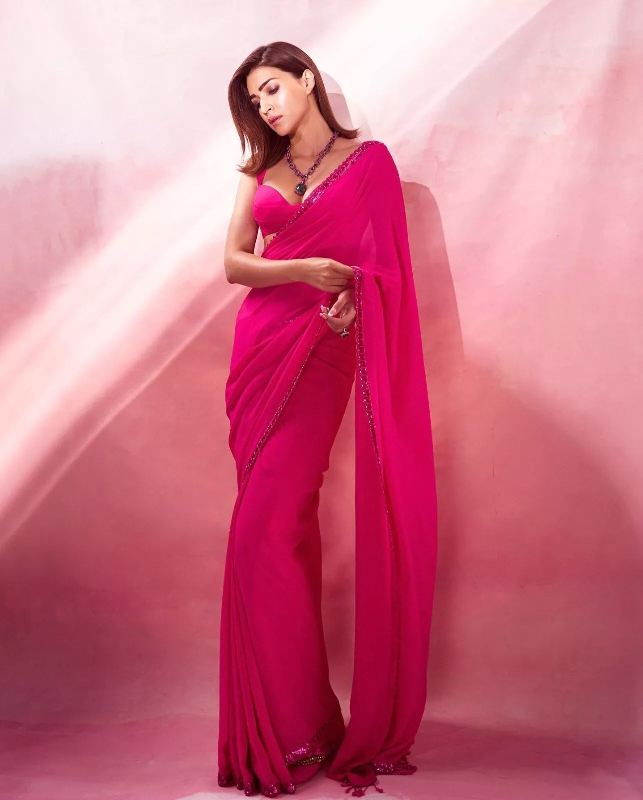 Rani Pink Georgette Embroidery Sequence Work Saree image 1