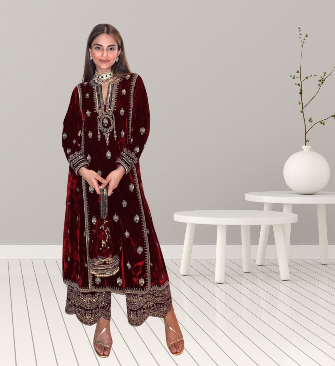 Pure Viscose Velvet Embroidery Sequence Work Top Bottom Dupatta image 1